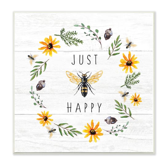 Stupell Industries Just Bee Happy Pun Phrase Yellow Daisy Wreath, 12" x 12"